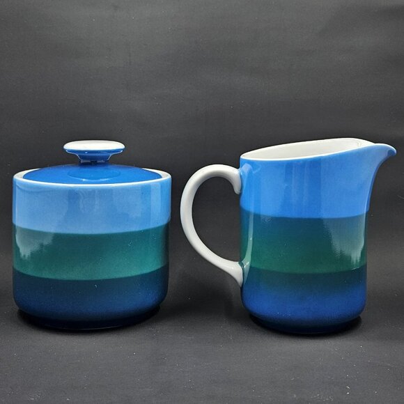 MCM 1966 Holt Howard Creamer and Covered Sugar Blue Green Stripes 7932 - Picture 3 of 11